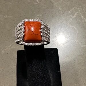 Charles Garnier Vintage Rhodium plated Silver with Jade & CZ  Ring